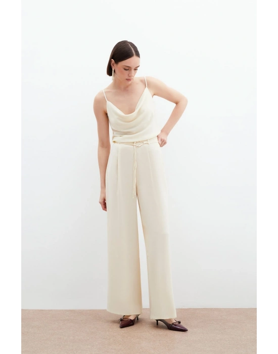 Kemerli Salaş Pantolon - Krem
