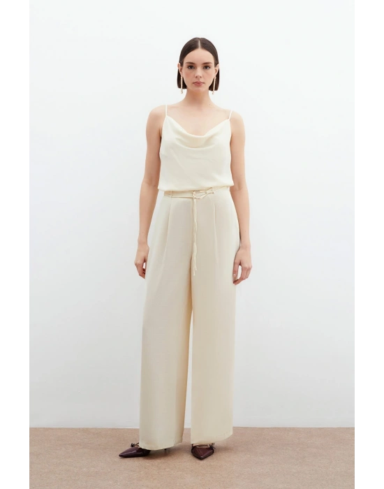 Kemerli Salaş Pantolon - Krem