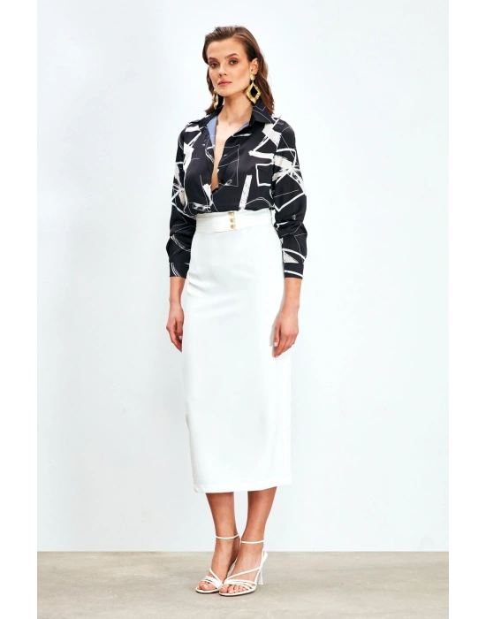 Düğme Detaylı Midi Etek - Ekru