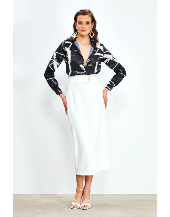 Düğme Detaylı Midi Etek - Ekru