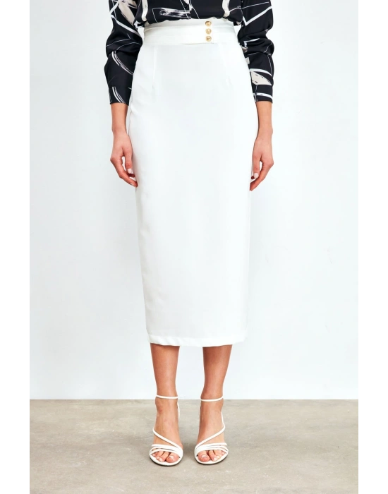 Düğme Detaylı Midi Etek - Ekru