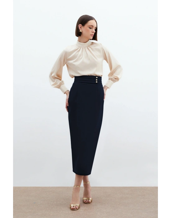 Düğme Detaylı Midi Etek - Lacivert