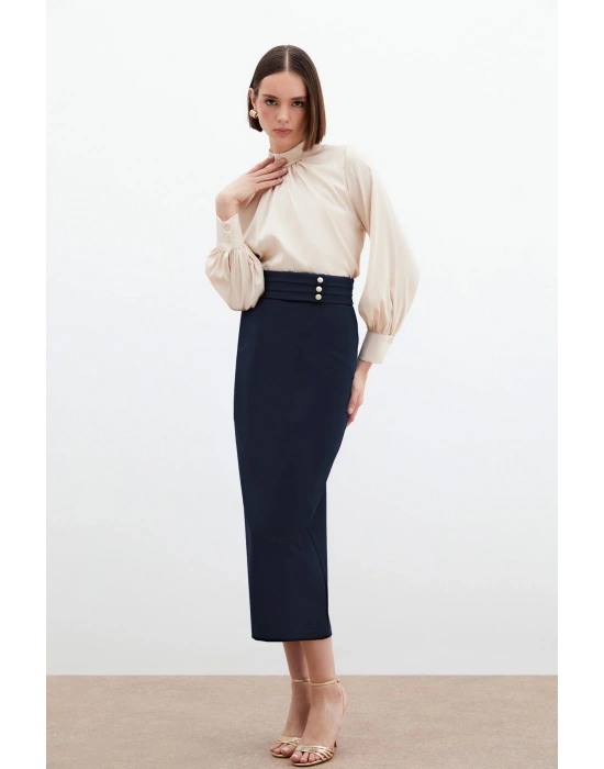 Düğme Detaylı Midi Etek - Lacivert
