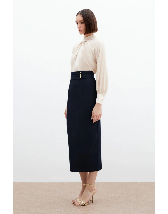 Düğme Detaylı Midi Etek - Lacivert