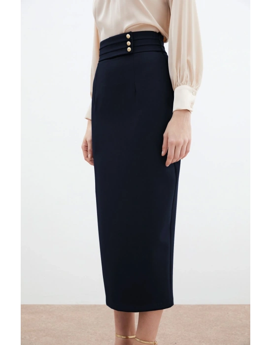 Düğme Detaylı Midi Etek - Lacivert