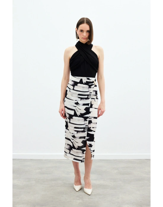 Desenli Keten Kalem Etek - Siyah