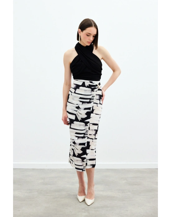 Desenli Keten Kalem Etek - Siyah