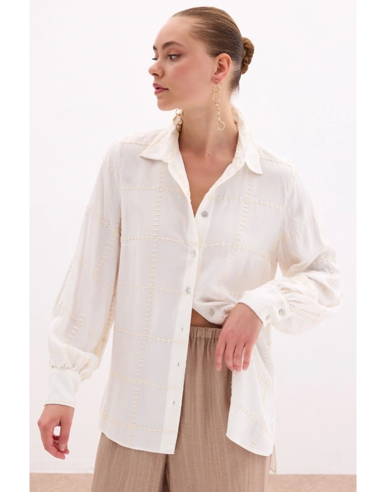 Nakış Detaylı Viskon Gömlek - Krem