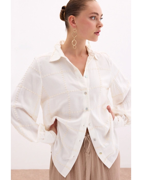 Nakış Detaylı Viskon Gömlek - Krem