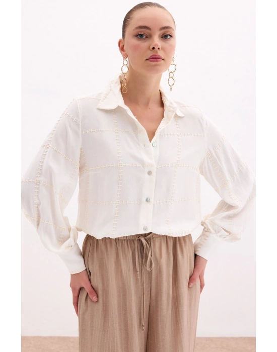 Nakış Detaylı Viskon Gömlek - Krem