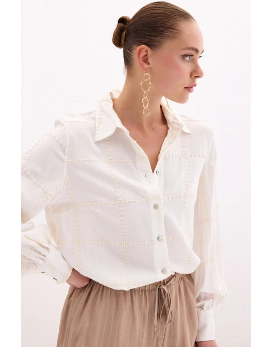 Nakış Detaylı Viskon Gömlek - Krem