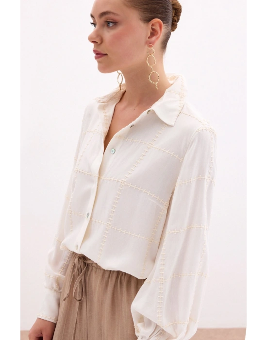 Nakış Detaylı Viskon Gömlek - Krem