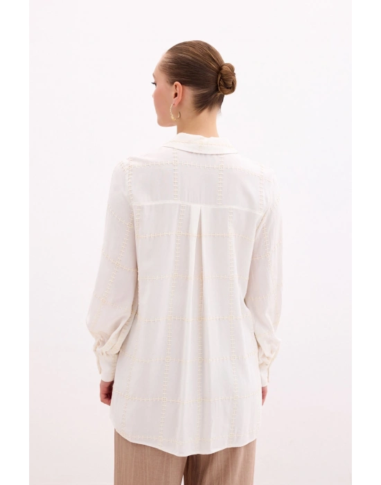 Nakış Detaylı Viskon Gömlek - Krem