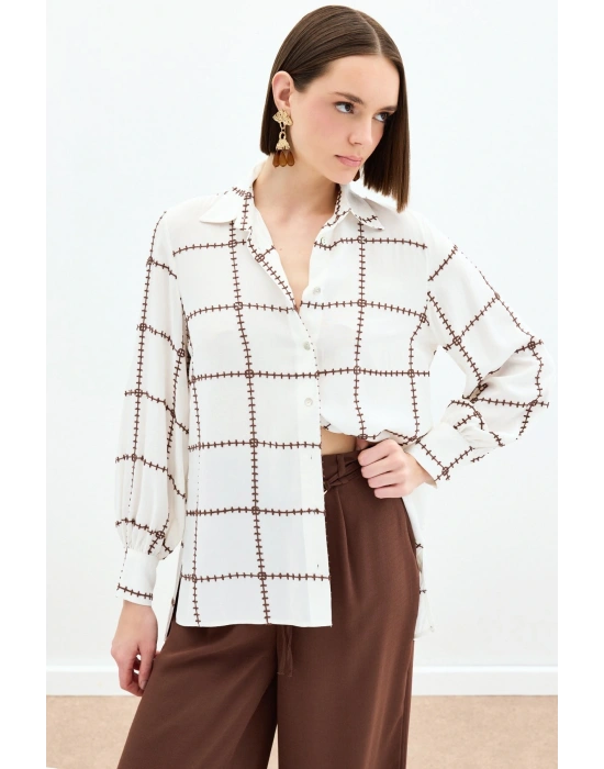 Nakış Detaylı Viskon Gömlek - Kahve