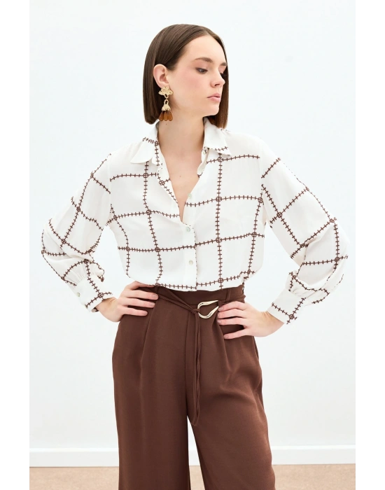 Nakış Detaylı Viskon Gömlek - Kahve