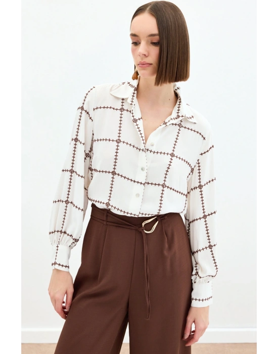 Nakış Detaylı Viskon Gömlek - Kahve