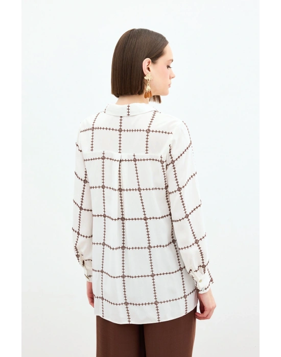 Nakış Detaylı Viskon Gömlek - Kahve