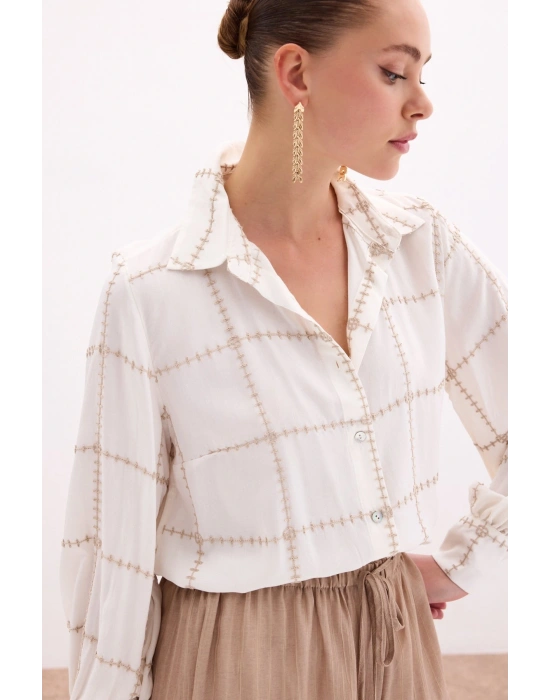 Nakış Detaylı Viskon Gömlek - Bej