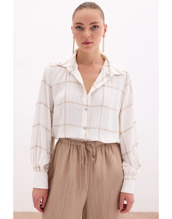 Nakış Detaylı Viskon Gömlek - Bej
