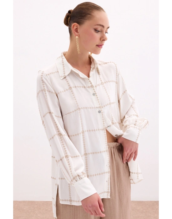 Nakış Detaylı Viskon Gömlek - Bej