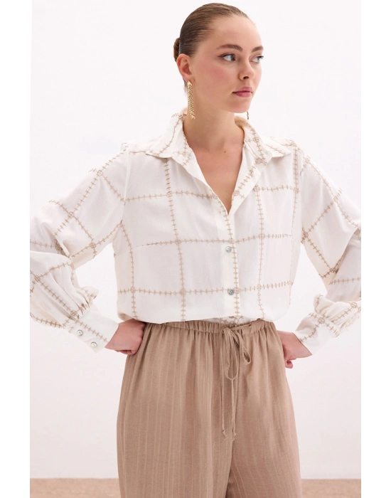 Nakış Detaylı Viskon Gömlek - Bej