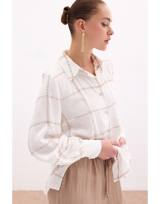 Nakış Detaylı Viskon Gömlek - Bej