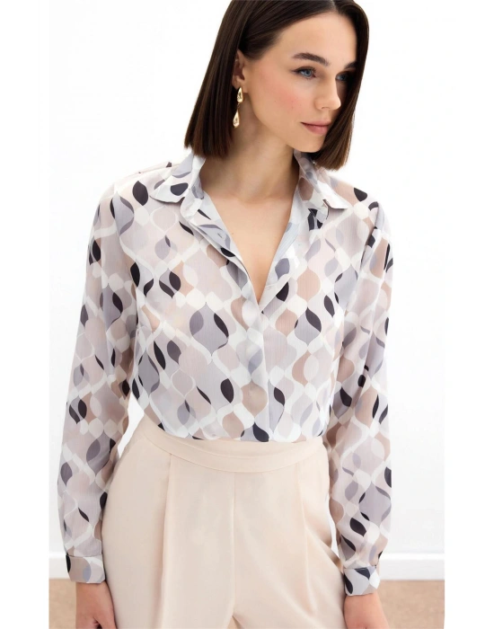 Desenli Klasik Gömlek - Bej