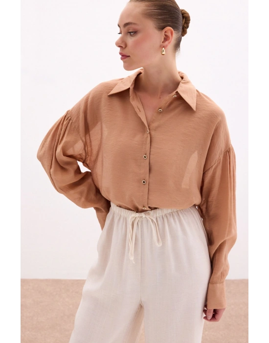 Düğme Aksesuarlı İnce Gömlek - Camel