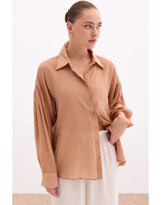Düğme Aksesuarlı İnce Gömlek - Camel