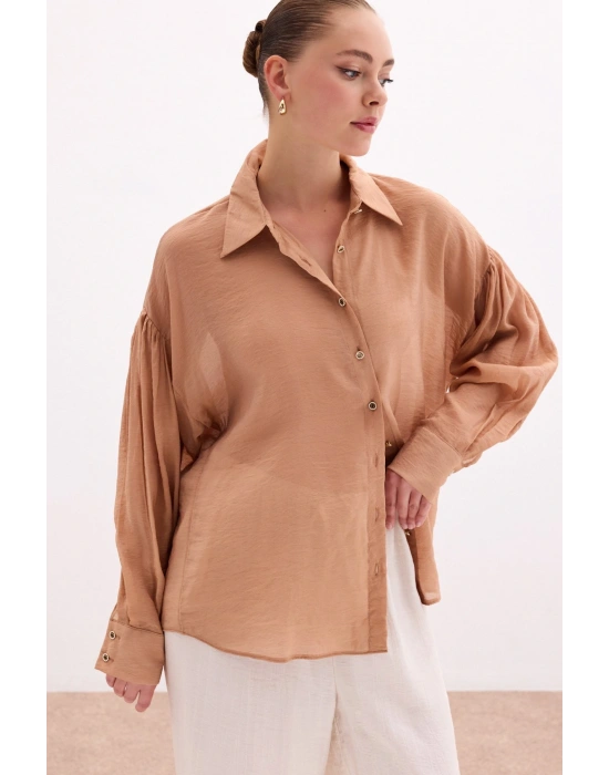 Düğme Aksesuarlı İnce Gömlek - Camel