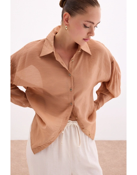 Düğme Aksesuarlı İnce Gömlek - Camel