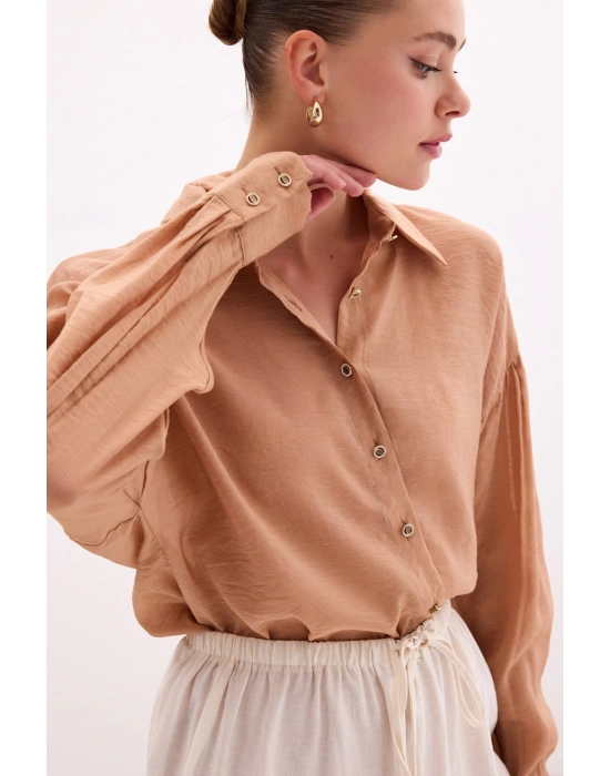 Düğme Aksesuarlı İnce Gömlek - Camel