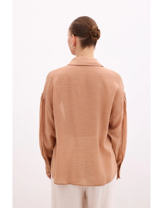 Düğme Aksesuarlı İnce Gömlek - Camel
