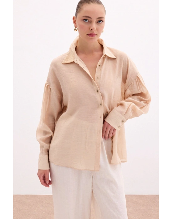 Düğme Aksesuarlı İnce Gömlek - Bej