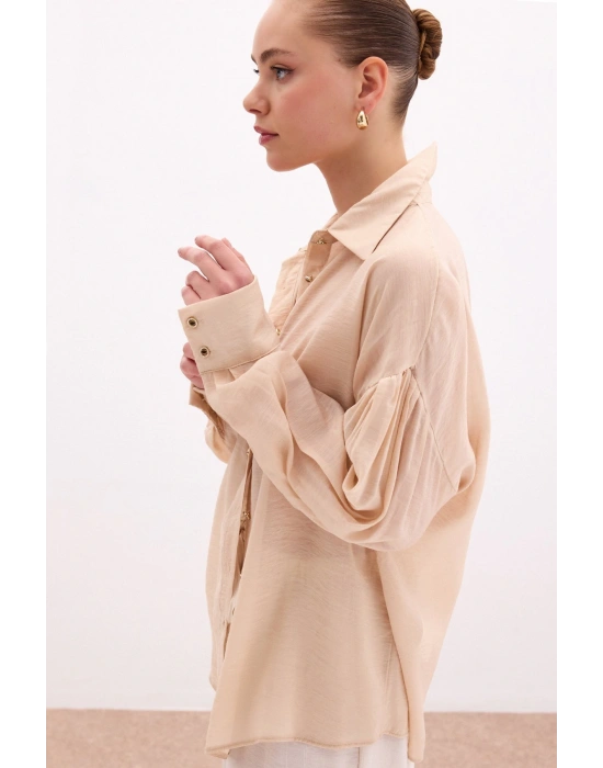 Düğme Aksesuarlı İnce Gömlek - Bej