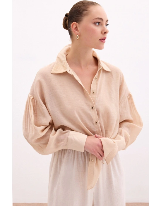 Düğme Aksesuarlı İnce Gömlek - Bej