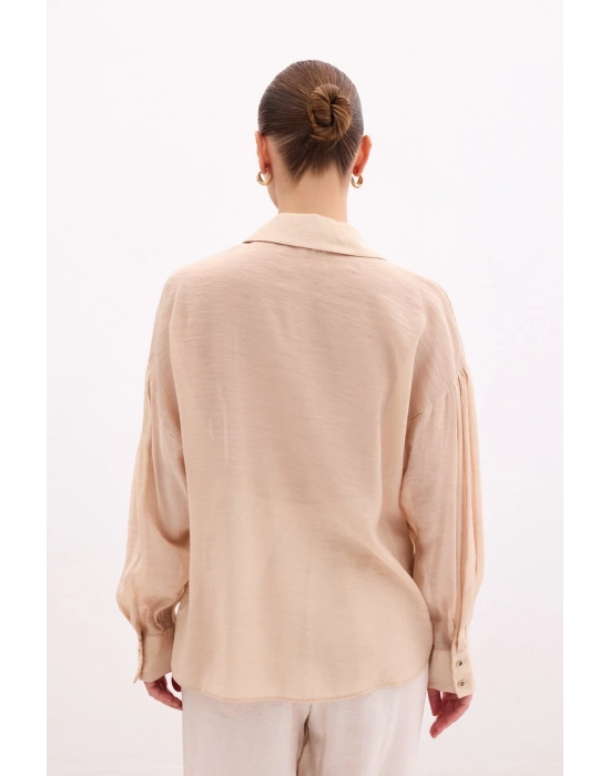 Düğme Aksesuarlı İnce Gömlek - Bej