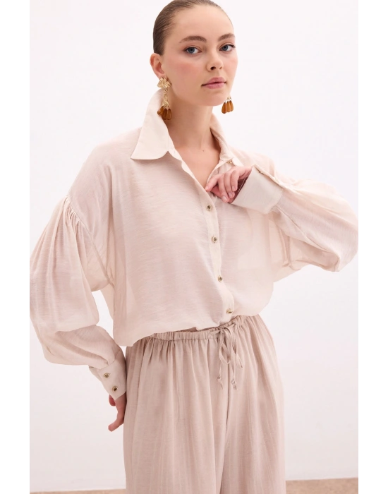 Düğme Aksesuarlı İnce Gömlek - Taş