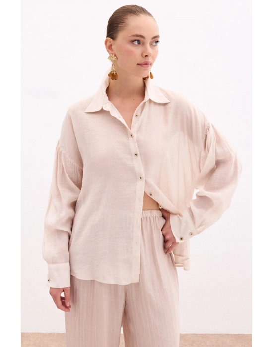 Düğme Aksesuarlı İnce Gömlek - Taş