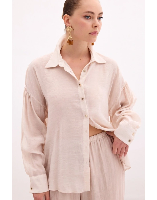 Düğme Aksesuarlı İnce Gömlek - Taş