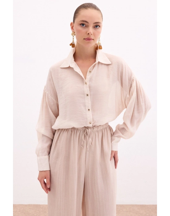 Düğme Aksesuarlı İnce Gömlek - Taş