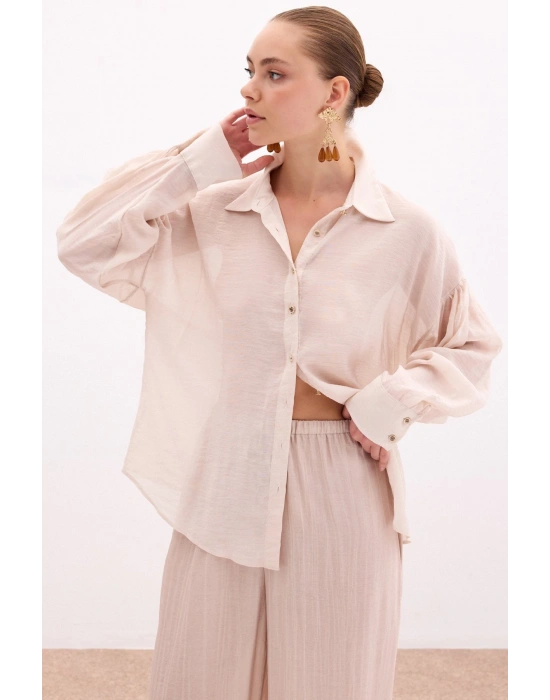 Düğme Aksesuarlı İnce Gömlek - Taş