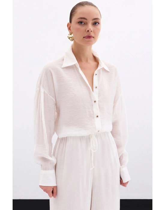 Düğme Aksesuarlı İnce Gömlek - Ekru