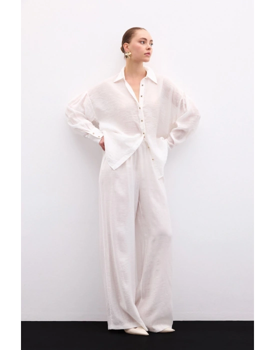 Düğme Aksesuarlı İnce Gömlek - Ekru