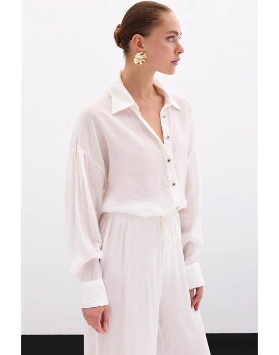 Düğme Aksesuarlı İnce Gömlek - Ekru