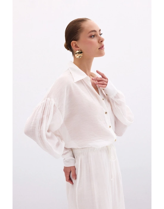 Düğme Aksesuarlı İnce Gömlek - Ekru