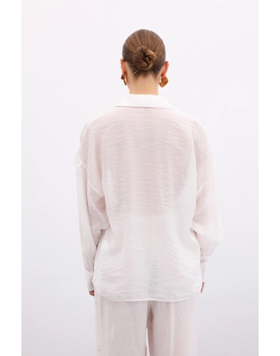 Düğme Aksesuarlı İnce Gömlek - Ekru