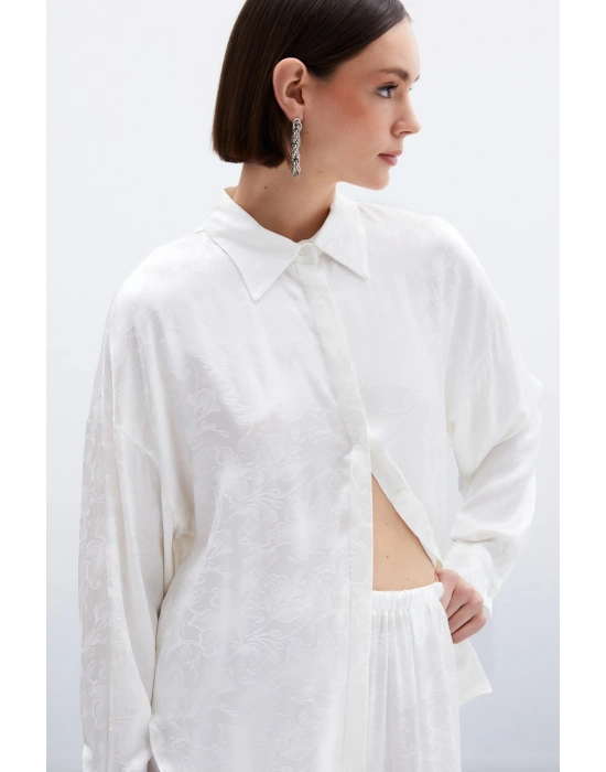 Jakarlı Saten Gömlek - Ekru