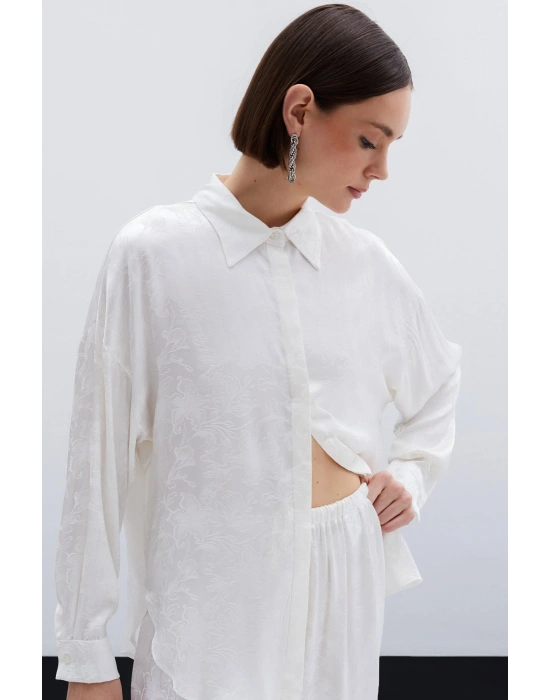 Jakarlı Saten Gömlek - Ekru