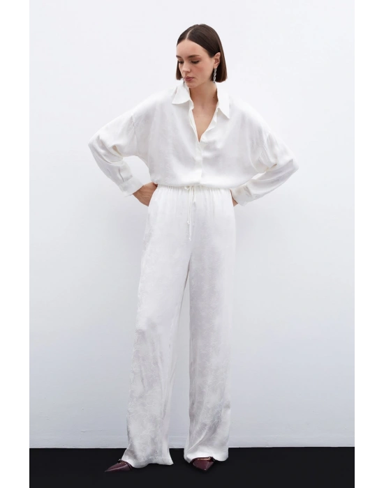 Jakarlı Saten Gömlek - Ekru